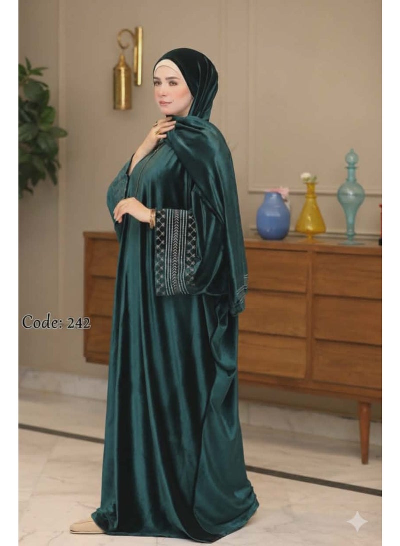 Women's prayer abaya – wide Gulf-style sleeves with elegant embroidery – olive green - Image 5